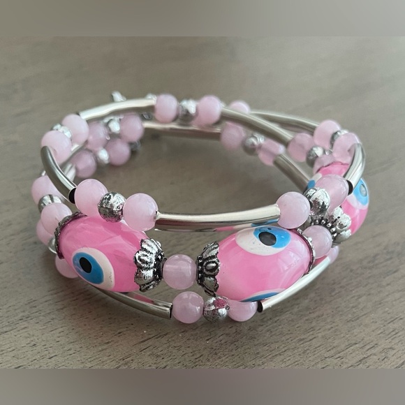 Pink Evil Eye Coil Bracelet for Women/Teen Girls - Picture 2 of 5